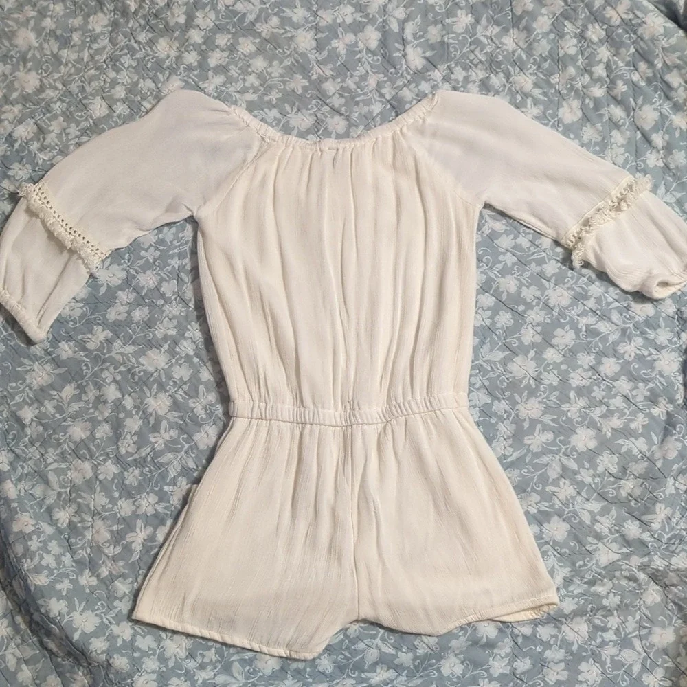 Star Ride Girls 14/16 White Gauze Romper Crochet Lace Trim Tassel 3/4 Sleeve 623